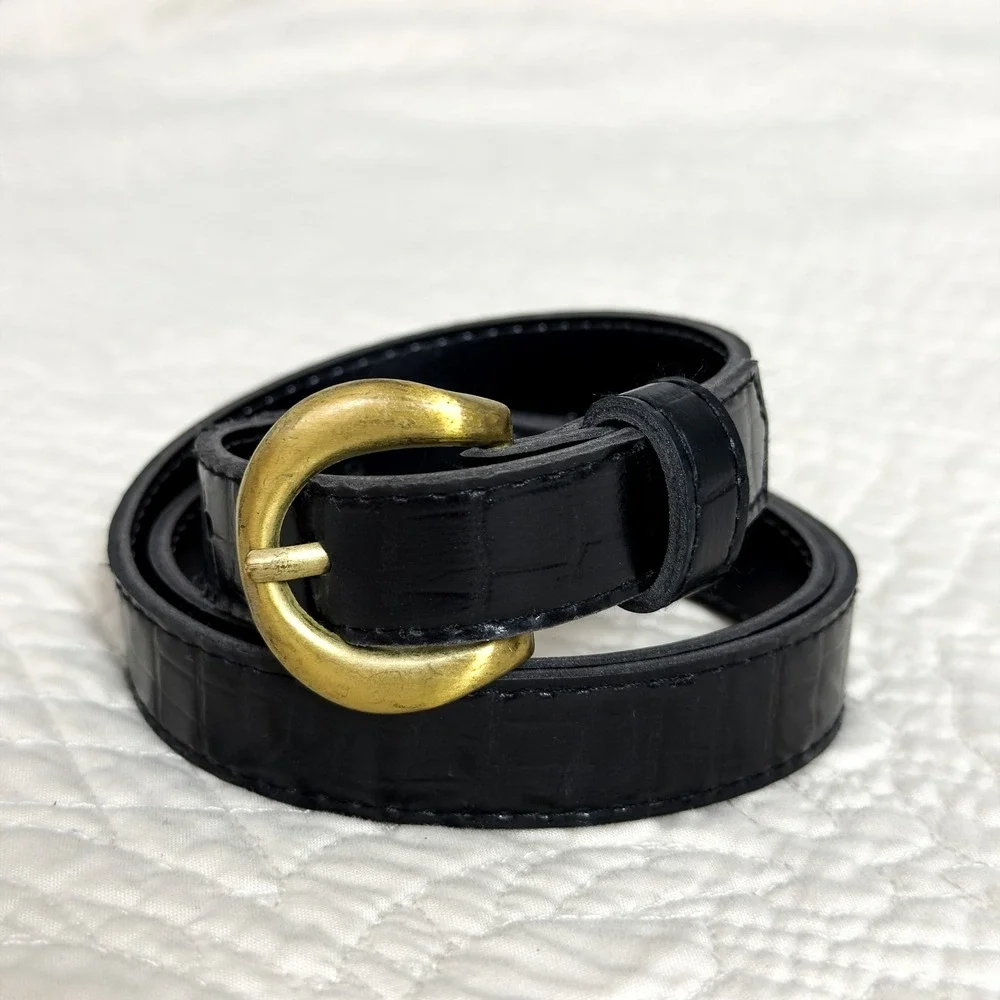 90s Black Croc Embossed Skinny Belt Brass Buckle Glossy Equestrian Minimalist OS